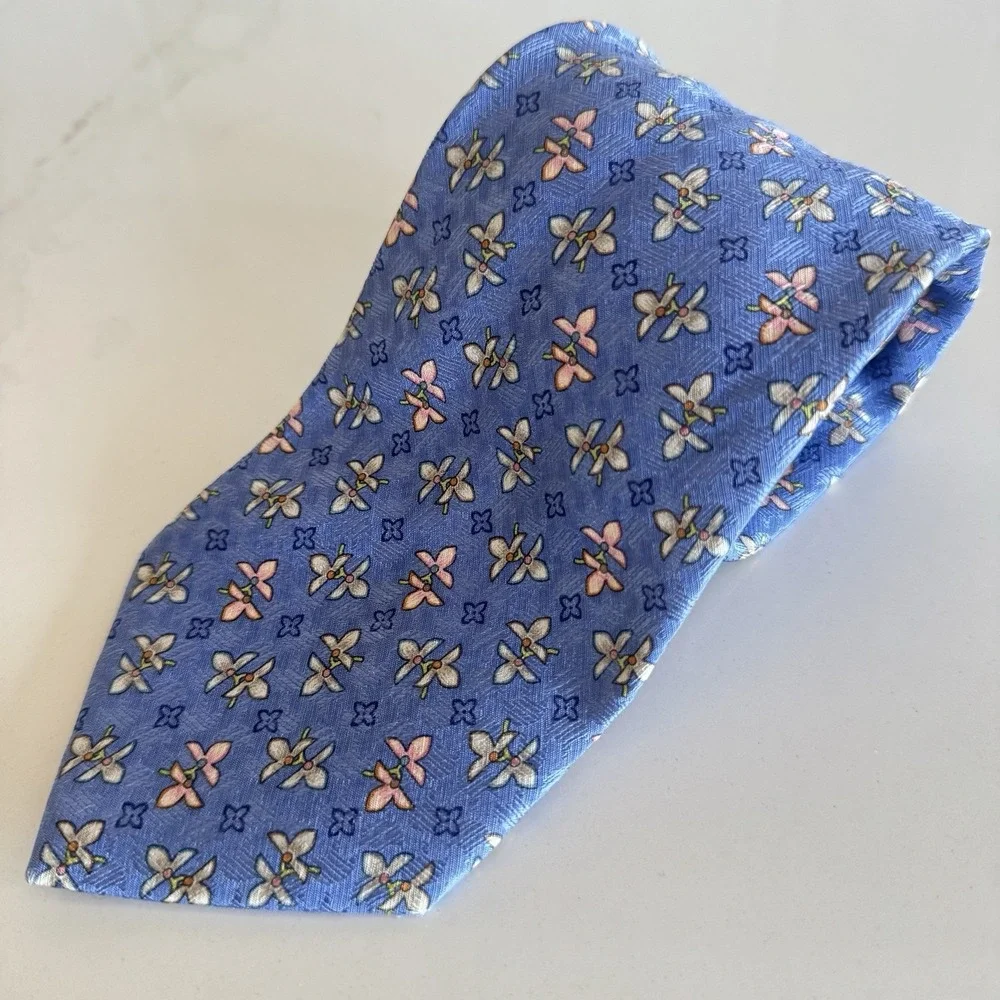 Ermenegildo Zegna Silk Necktie Light Blue Floral Print Made in Italy Designer‎